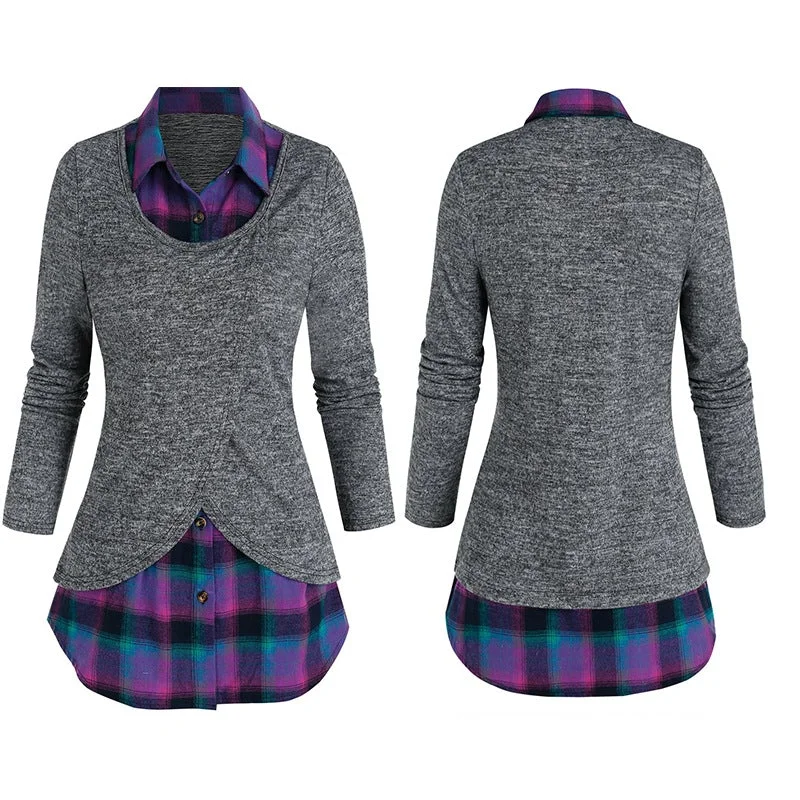 Women's Top Knitted Plaid Stitching Long Sleeves