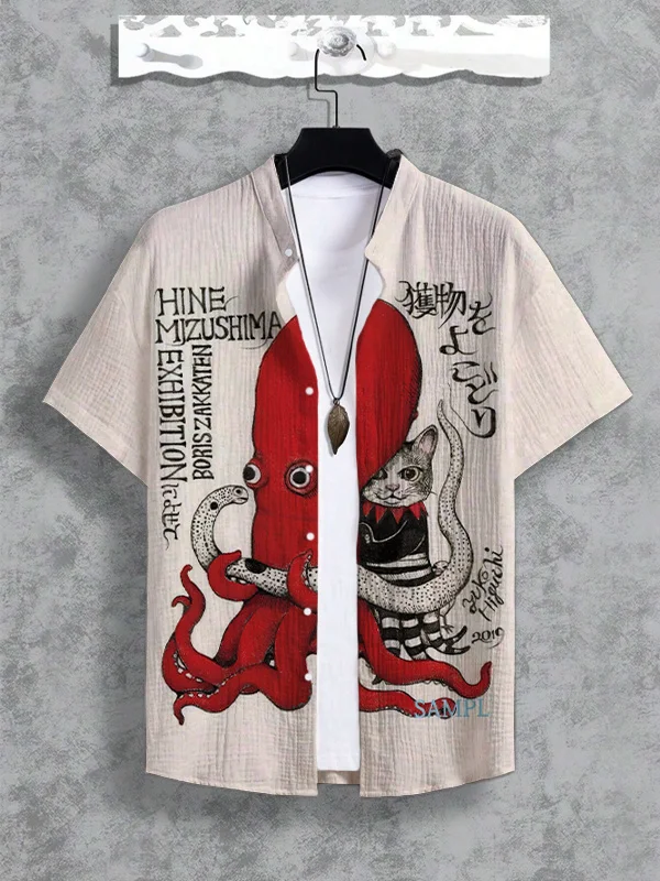 Men's Japanese Art Octopus Cat Poster Print Shirt
