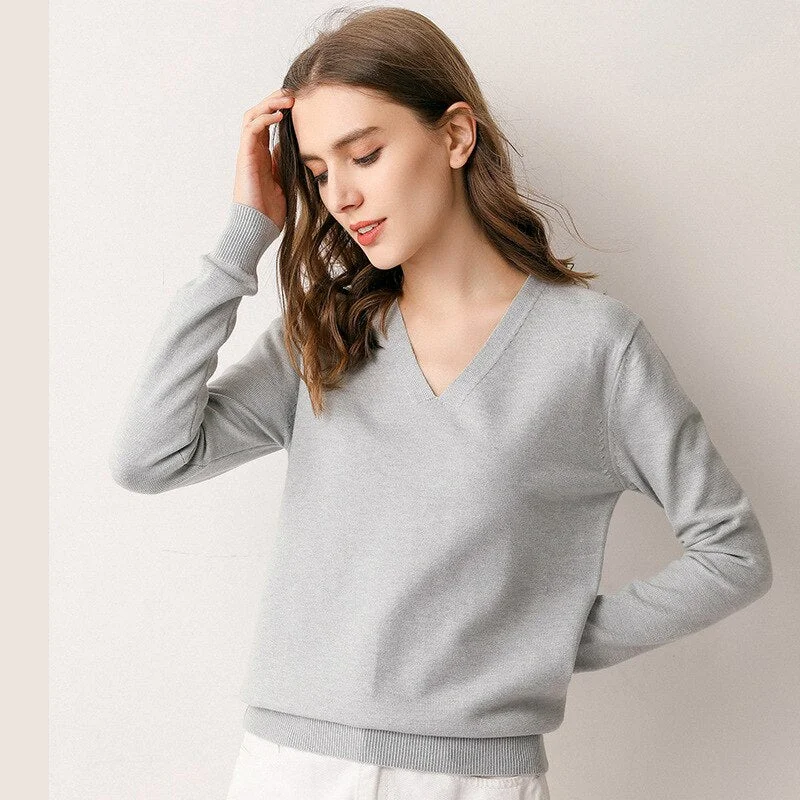 Women Sweater 2020 New V-neck Female Long-sleeved Knitted Pullover Jumper Pull Femme Clothes White Loose Thin Good Quality