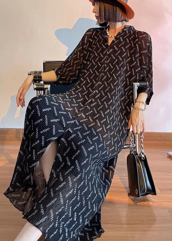 Casual Black Print Chiffon Short Sleeve long shirts Summer Dresses