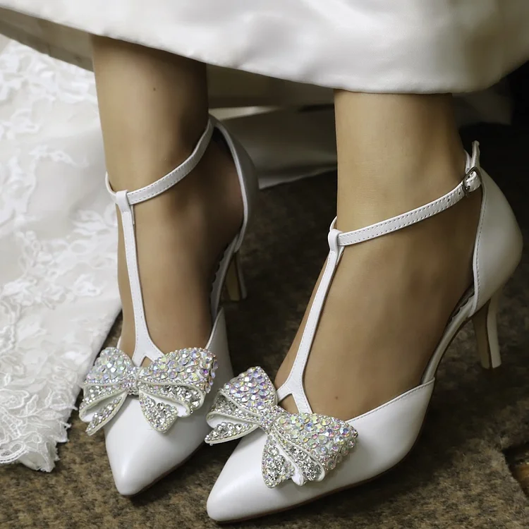 White Wedding Shoes Rhinestone Bow T Strap Heels Pumps |FSJ Shoes