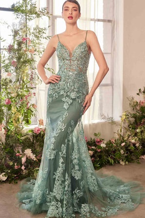 Ovlias Exquisite Green Strapless Applique Layered Mermaid Evening Dress LY0728