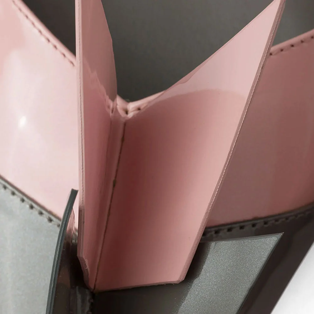 Pink & Gray Pointed Toe Flared Heel Pumps Shoes with Wing Decor