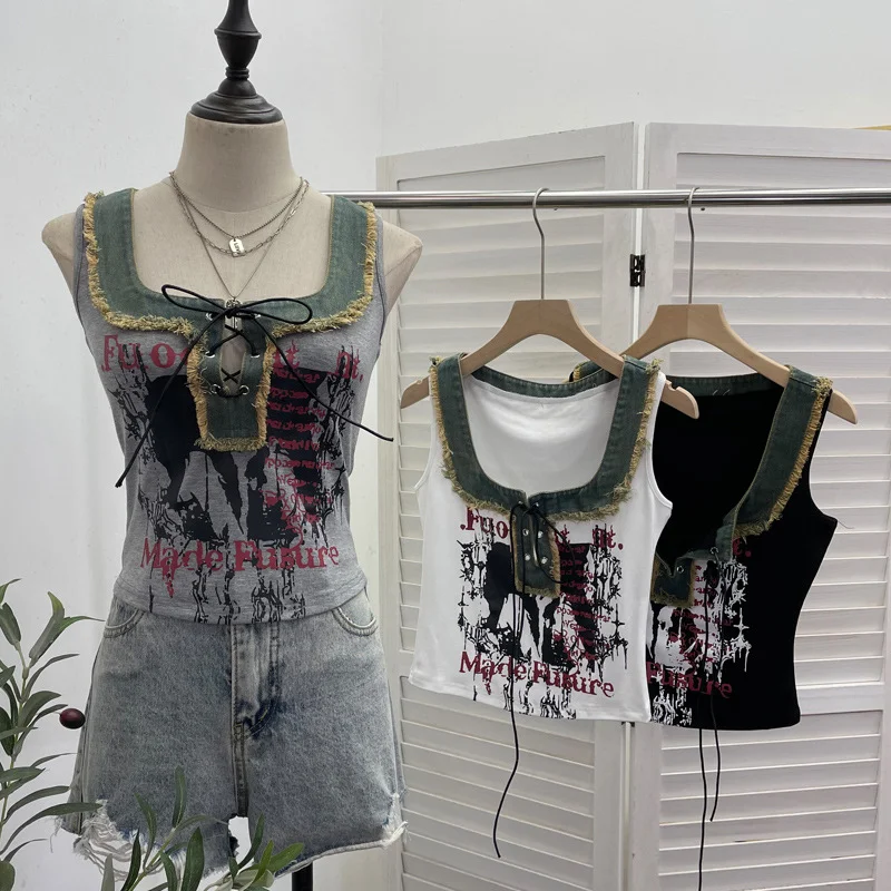 Nigikala Nigikala Shooting Hottie Hairy Denim Spliced Printed Vest With Bows Short Sleeveless Top 8926