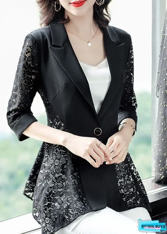 Stylish Black Notched Collar Lace Patchwork Hollow Out Spandex Coats Summer