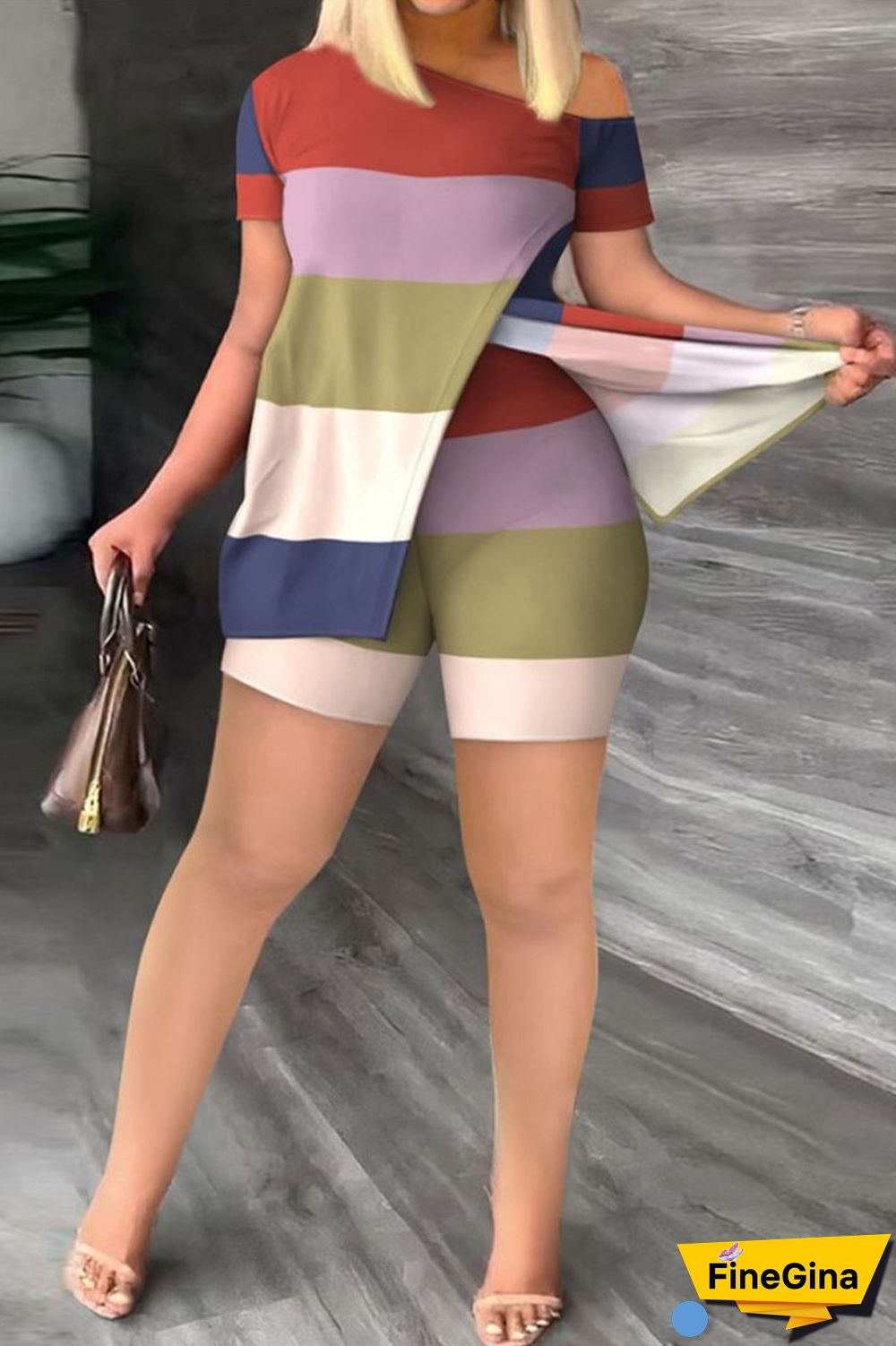 Colour Casual Work Street Print Patchwork Slit Oblique Collar Short Sleeve Two Pieces