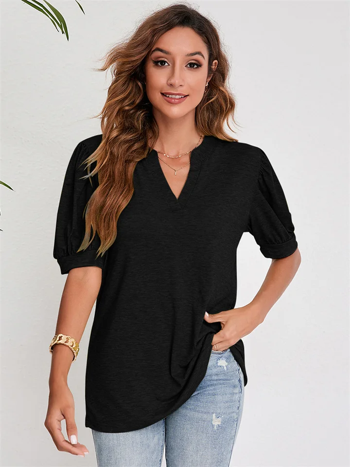 Women's Tops Summer New Casual V-neck Solid Color Bubble Sleeve Loose T-shirt Female-Mixcun