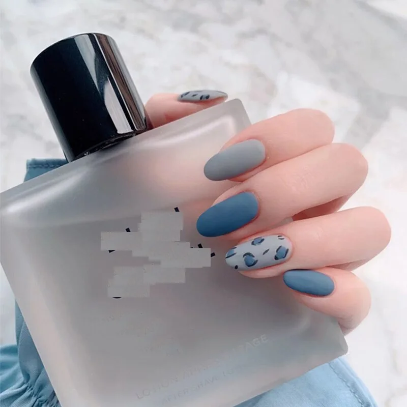 24pcs/Set European Matte False Nails Full Finished Blue Leopard Pattern Fake Nails Beauty Artificial Full Cover Nail Art Tips-Nail Inspo