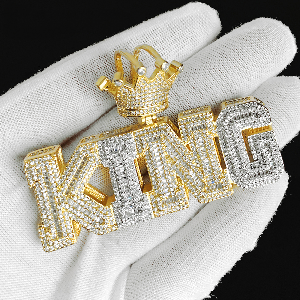 Iced Out Crown King Two Tone Pendant Necklace Hip Hop Jewelry-VESSFUL
