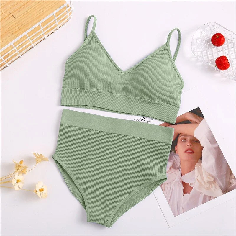 2PCS Women Bra Set Soft Brassiere + High Waist Panties Female Underwear Intimates Lingerie cconjuntos de mujer Tank Crop Tops