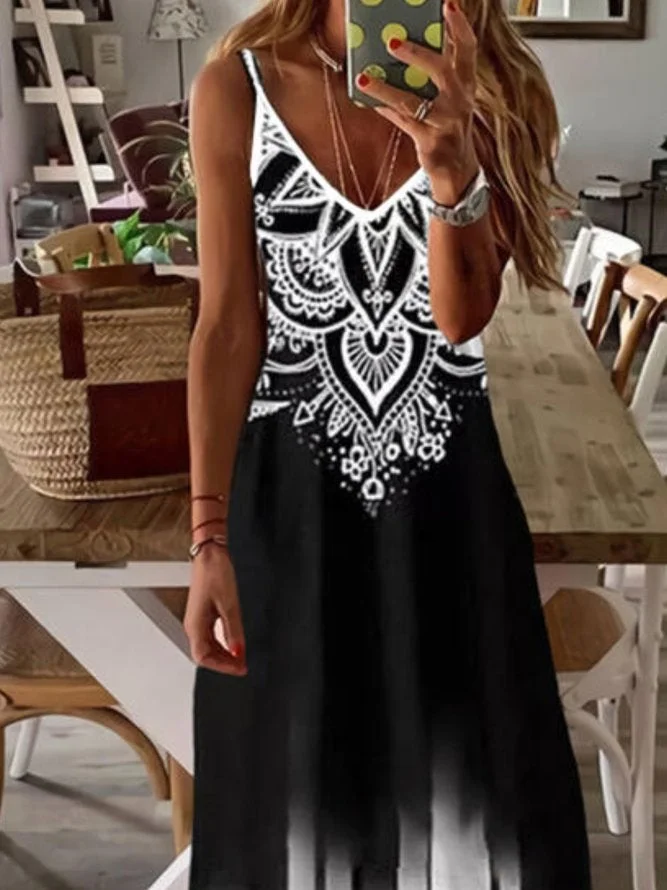 Sleeveless V Neck Printed Dresses Black Dresses