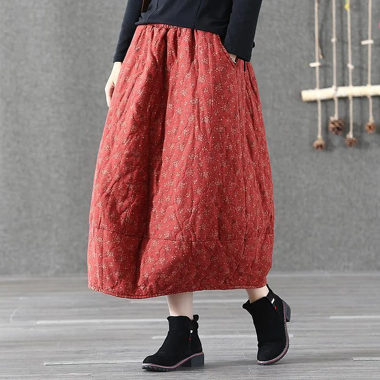 Winter Retro Linen Printed Quilted Skirt