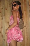 Cami Floral Print Crop Top Ruffle Tassle Pleated Slit Mini Skirt Vacation Matching Set