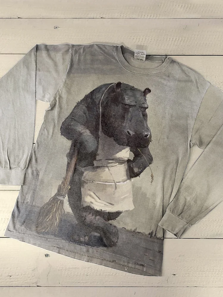 Unisex Hippo Print Casual Long Sleeve T-Shirt