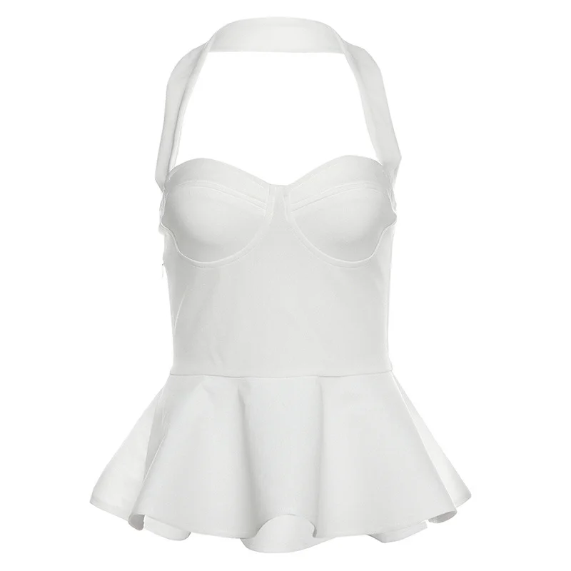 Uveng 2024 Summer New Women's Clothing Fresh Sweet Wrapped Breasts To Repair The Leaves On The Side Of The Solid Color Hanging Neck Vest