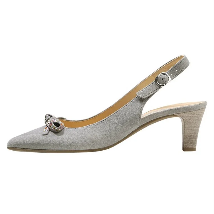 Grey Bow Pointy Toe Cone Heel Slingback Pumps Vdcoo