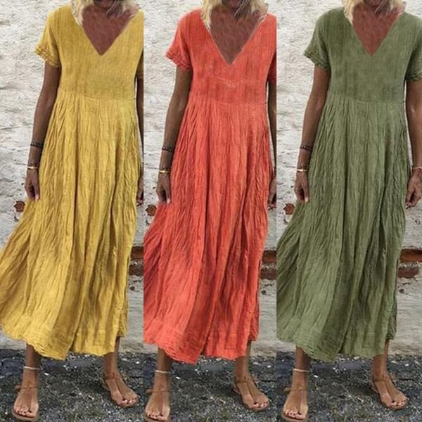 Zanzea Vintage Womens Short Sleeve V Neck Casual Loose Beach Dress Tunic Kaftan Dresses - BlackFridayBuys