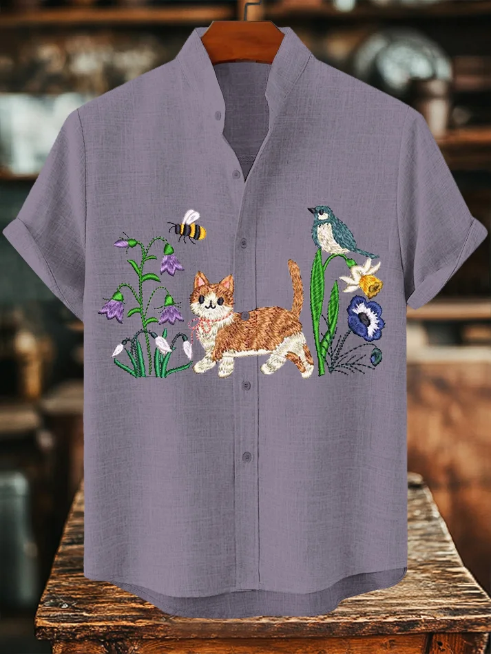 Men's Cat Bird Bee And Flower Embroidery Art Print Casual Shirt