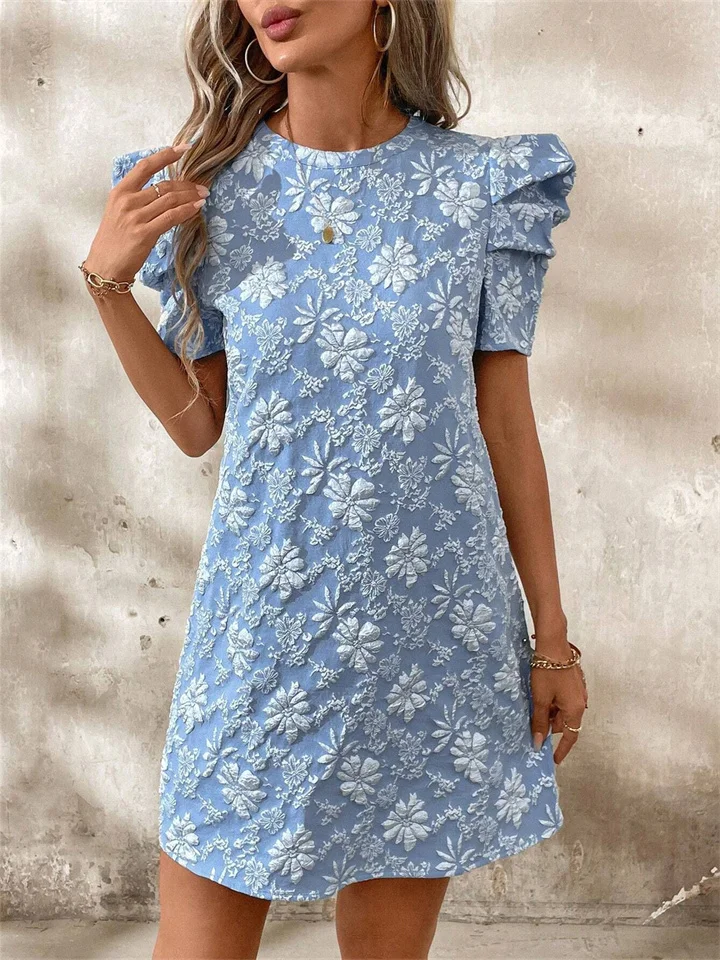 Summer New Women's Bubble Sleeve Textured Jacquard Round Neck Retro Dresses