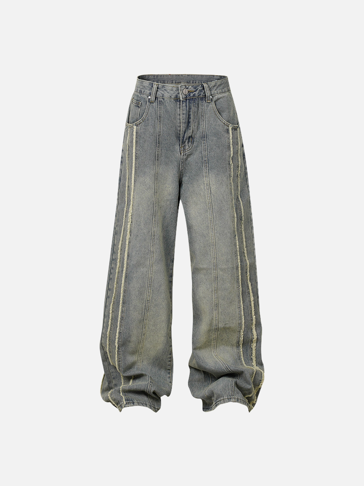 Blue Act Chic Fringe Stripe-Cut Washed Baggy Jeans Front