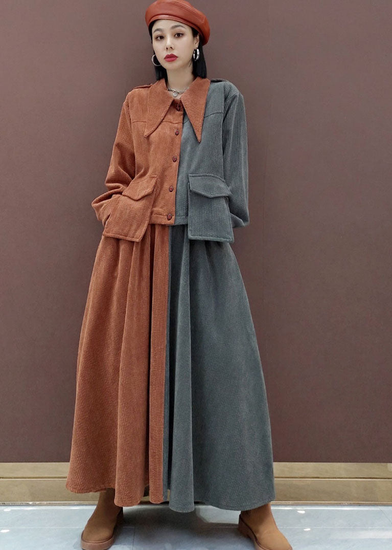 Elegant o neck Cinched cotton Robes Catwalk khaki print Dress main image 0