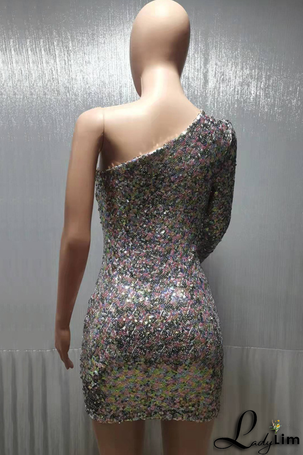 Black Fashion Patchwork Sequins One Shoulder Pencil Skirt Dresses