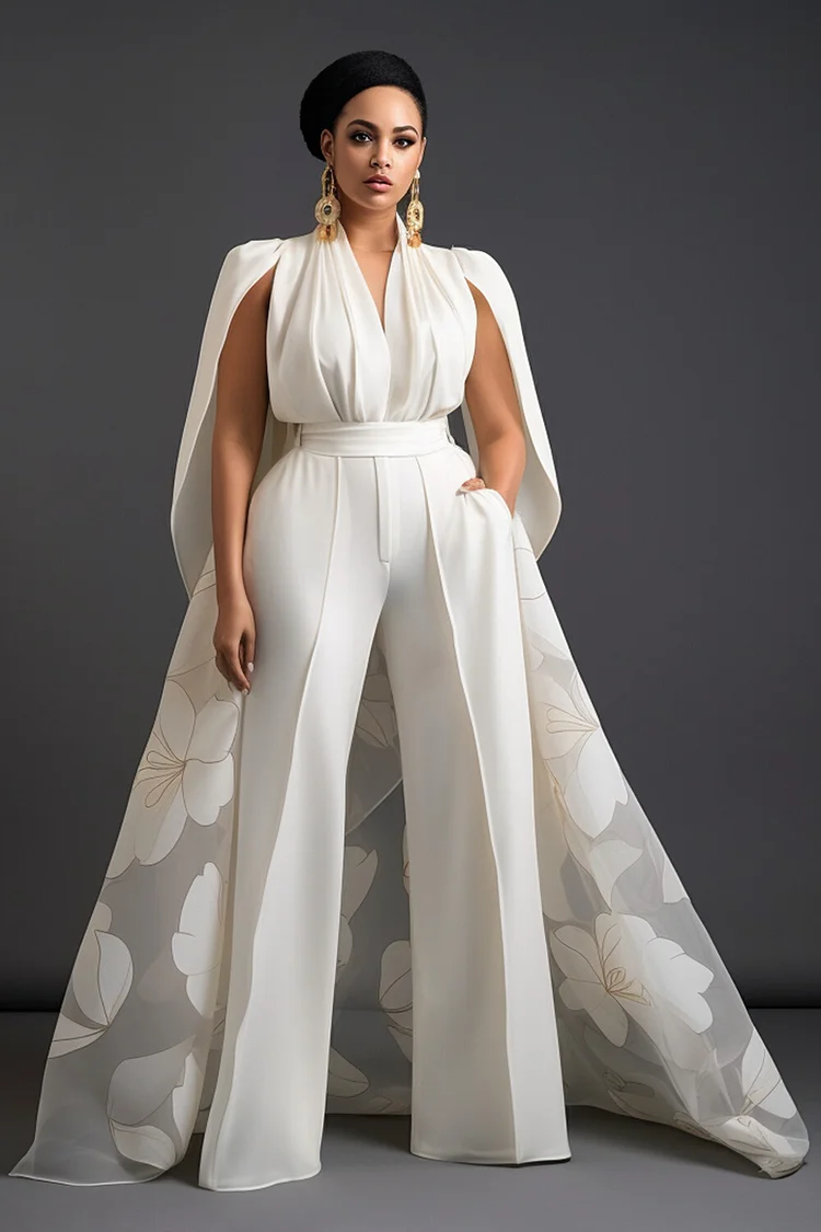 Xpluswear Design Plus Size Mother Of The Bride White Elegant Floral V Neck With Skirt Overlay Pocket Jumpsuits [Pre-Order]