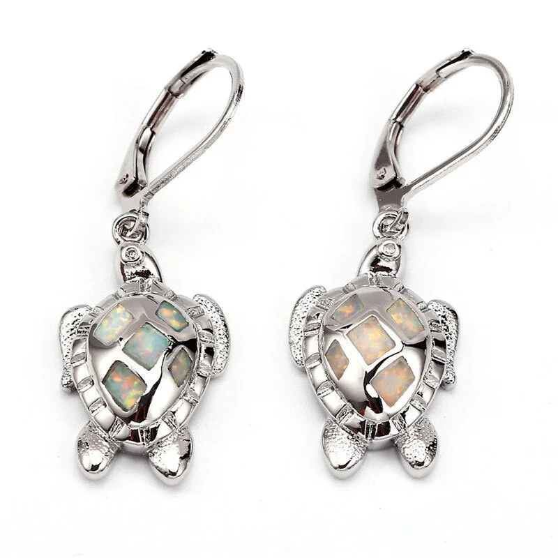 Luxury Female Blue White Opal Drop Earrings Silver Color Animal Dangle Earrings Boho Long Turtle Wedding Earrings For Women
