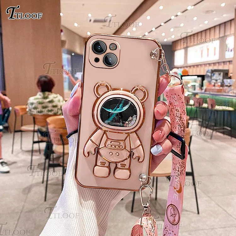 Quicksand Space Bear Folding Stand Crossbody Lanyard Case For Samsung Galaxy S23 S22 S21 Ultra S20 FE S10 Note 20 10 Plus Cover