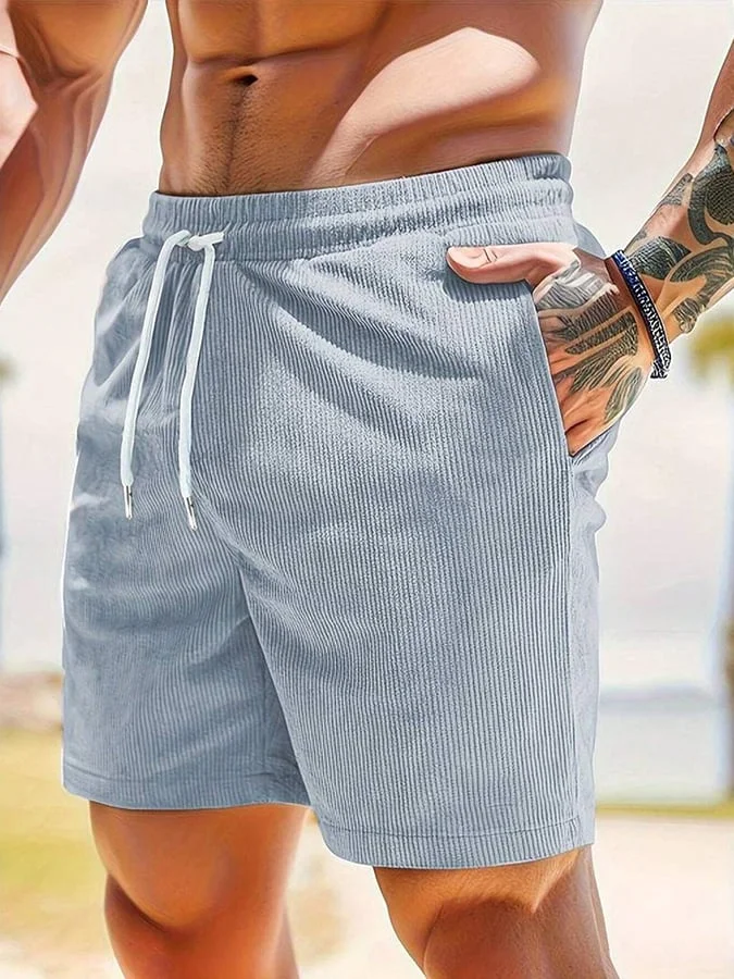 Men's Casual Drawstring Waist Solid Color Pockets Shorts 
