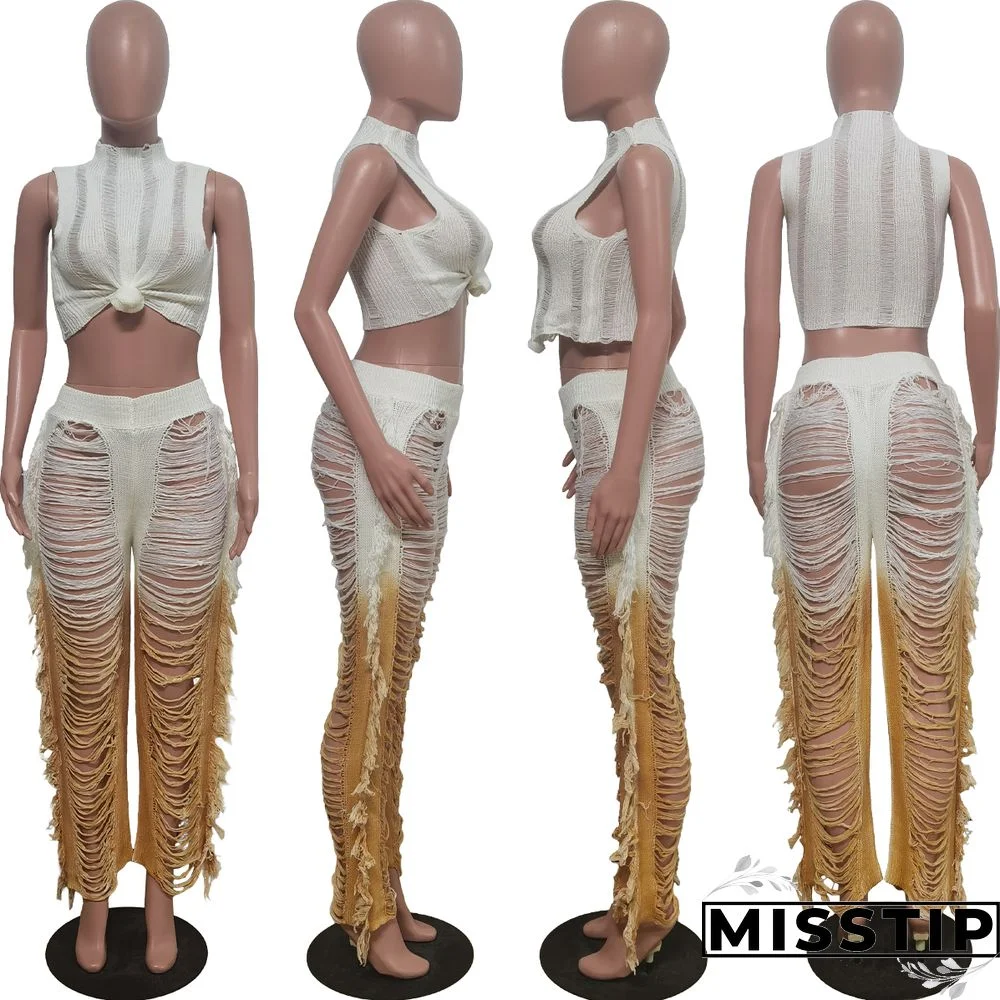 Gradient Knitted Tassel Two Piece Pants Set