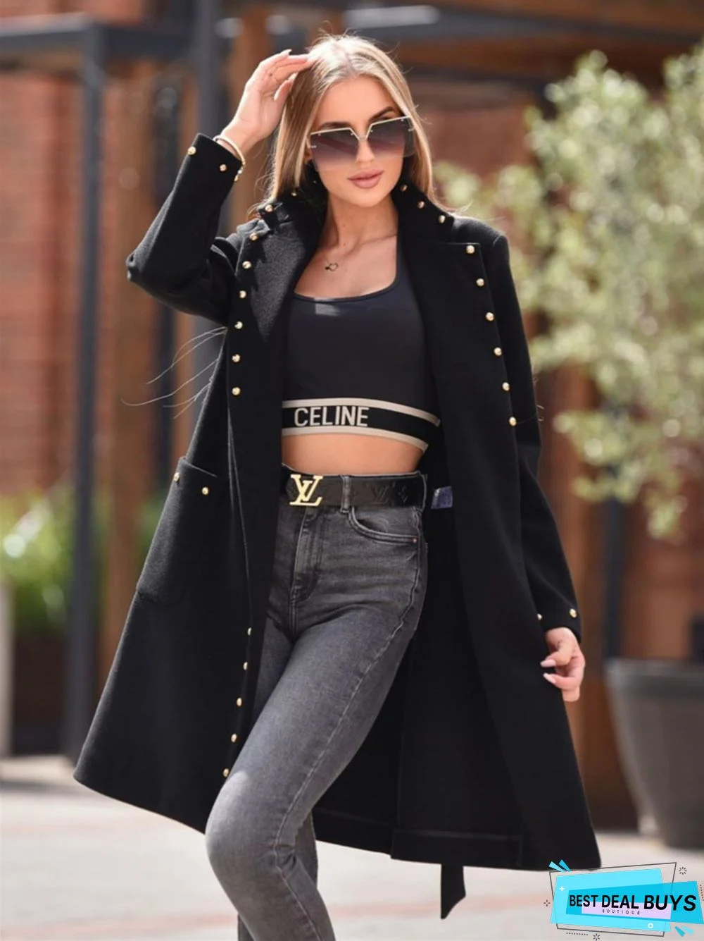 Simple Double Row Button Rivet Long Sleeve Lapel Button Woolen Coat