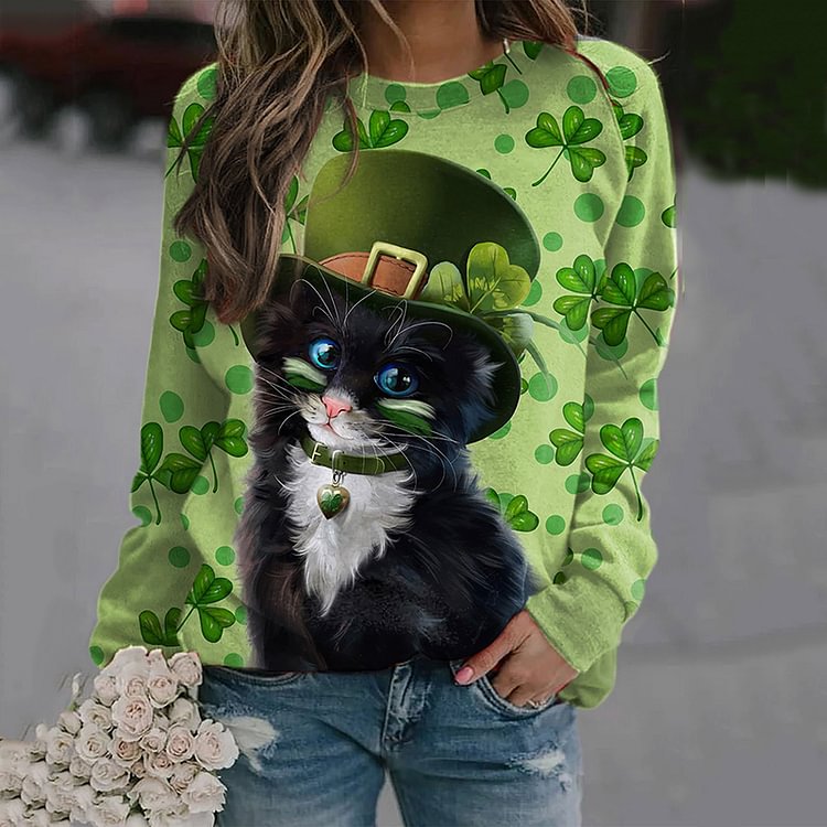 Comstylish St.Patrick's Day Cute Cat Print Casual Sweatshir