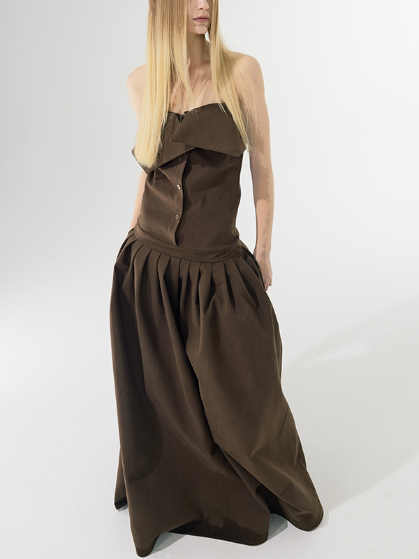 Strapless Single Button Pleated Solid Color Linen Maxi Dress
