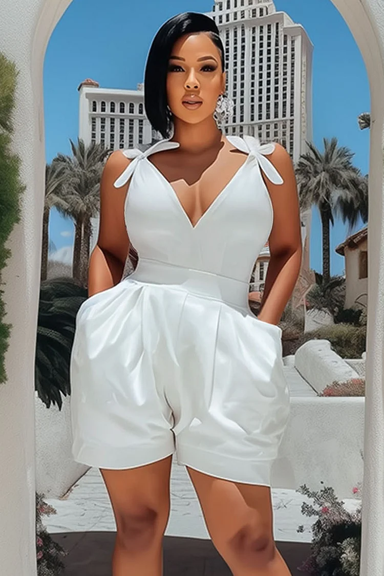 Ribbon Sleeveless V Neck Pocket Daily Romper Playsuit-White [Pre Order]