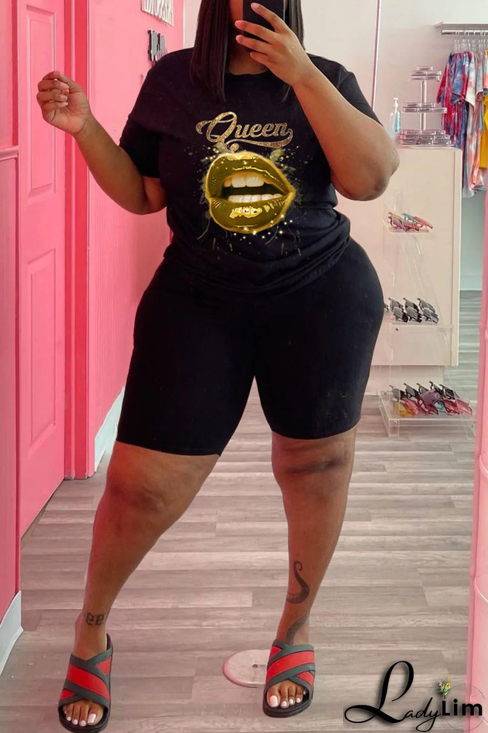 Black Fashion Casual Lips Printed Basic O Neck Plus Size Two Pieces