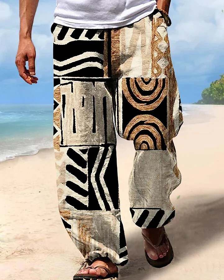 Men's Africa Tribe Pattern Color Block Art Print Casual Pants