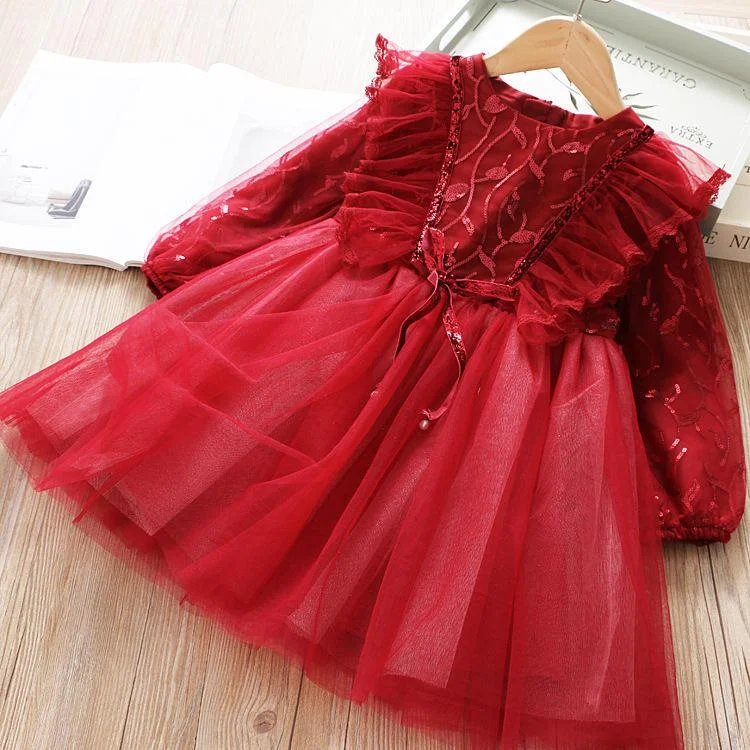 Girls Christmas Dress Girls Winter Dress With Bow Floral Lace Elegant Mesh Outfits New Year Vestido Infantil Girls Lace Dress