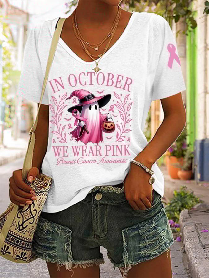 Women's In October We Wear Pink Halloween Ghost Breast Cancer Awareness Warrior V-Neck Tee