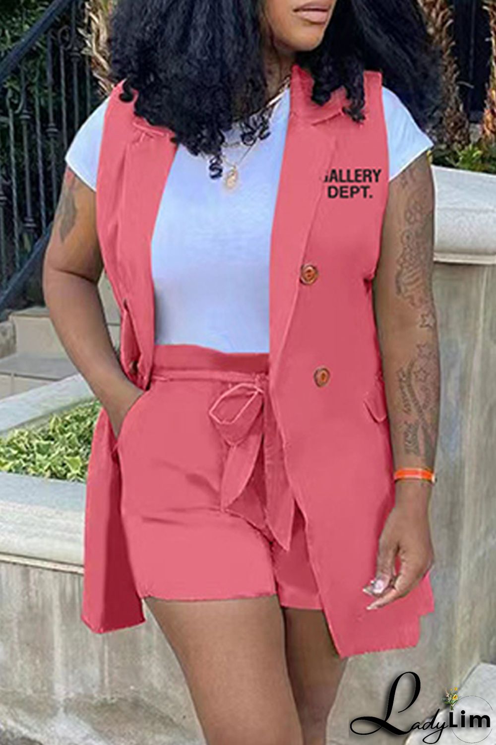 Pink Casual Letter Print Cardigan Turndown Collar Sleeveless Two Pieces (Without T-shirt)