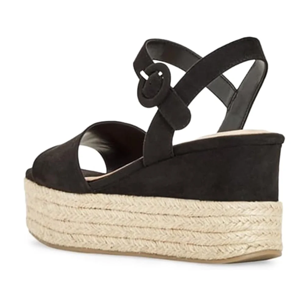 Black Open Toe Ankle Strap Wedge Heel Platform Espadrille Sandals