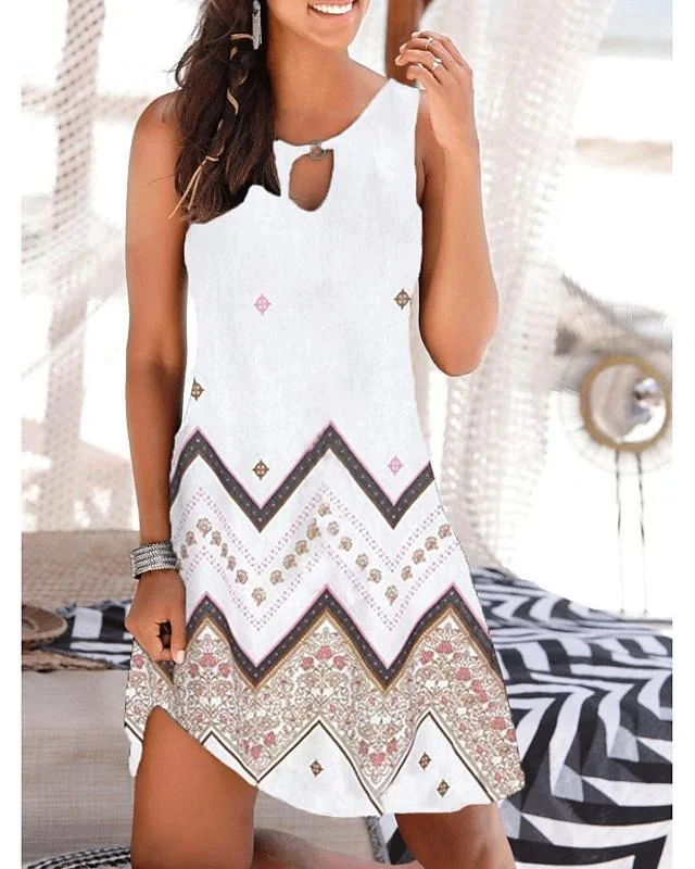 Women's Sundress Short Mini Dress Sleeveless Floral Print Summer Hot Casual Boho White Black S M L XL XXL