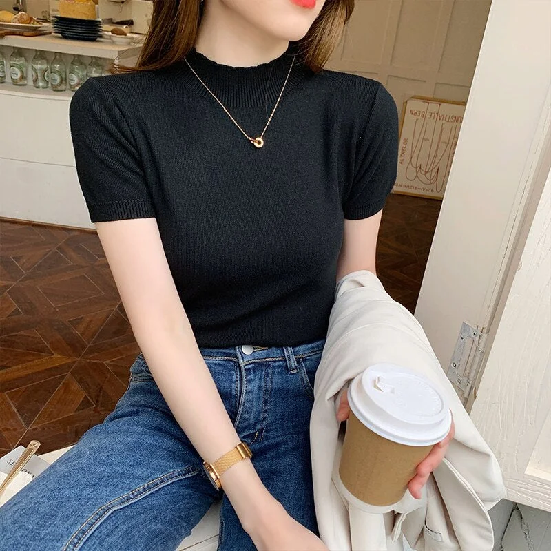 2021 Summer Knitted Sweater Pullovers Short Sleeve Turtleneck Thin Sweater for Women Female Slim Jumper Office Lady Clothing