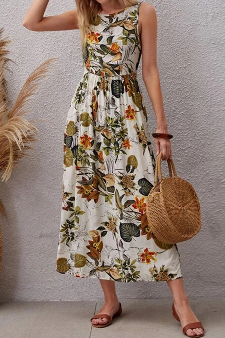 Elegant Vacation Floral Patchwork O Neck A Line Dresses