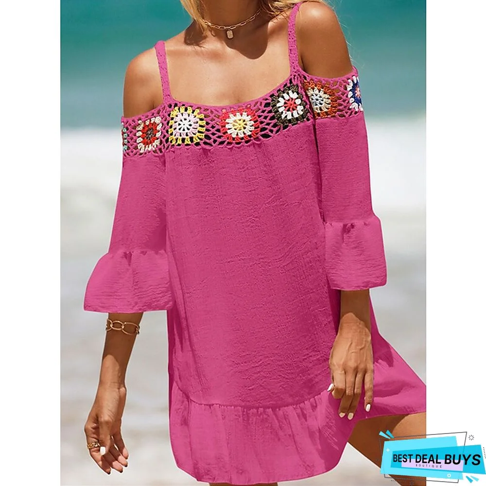Women's Cover Up Beach Dress Beach Wear Mini Dress Ruffle Backless Ethnic Casual Floral Spaghetti Strap 3/4 Length Sleeve Loose Fit Outdoor Daily Black White 2023 Spring Summer One Size