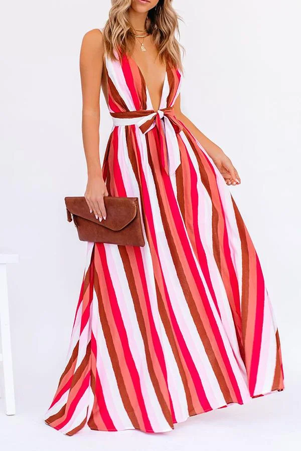 Womens Elegant Striped Print Deep V Neck Bandage Dress-Allyzone-Allyzone