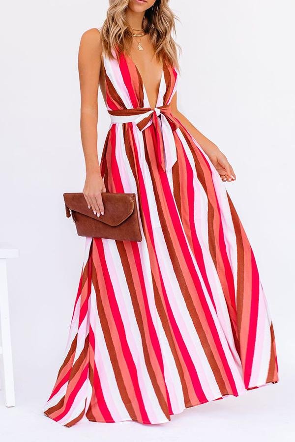 Womens Elegant Striped Print Deep V Neck Bandage Dress-Allyzone-Allyzone