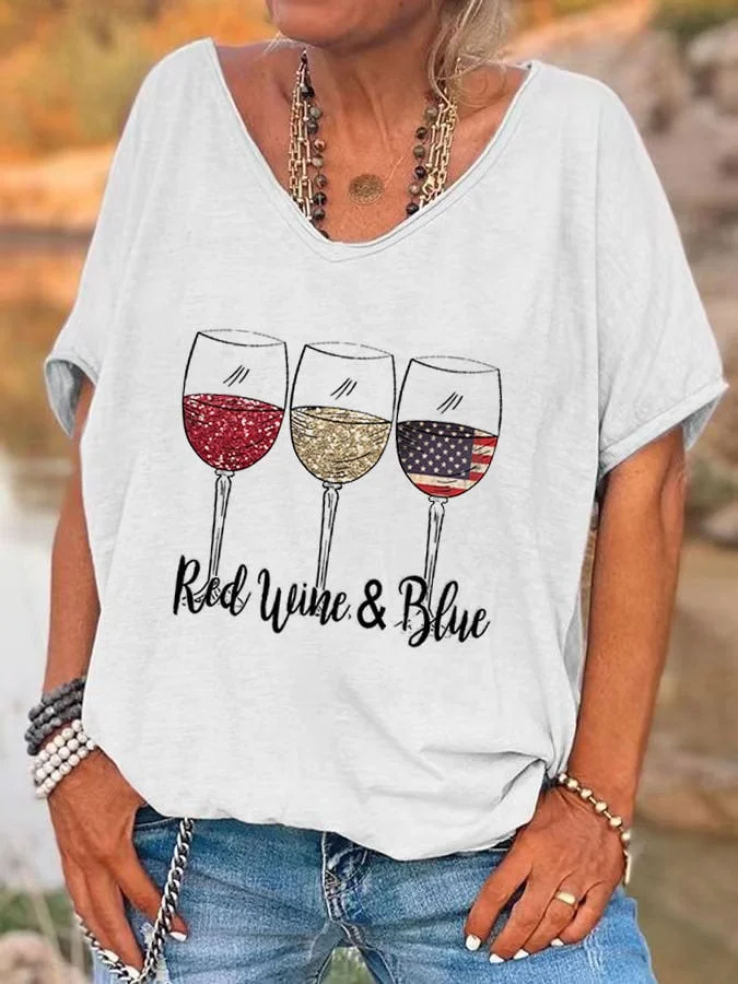Women's Red Wine Blue Red Wine Glass Flag Print V-Neck T-Shirt