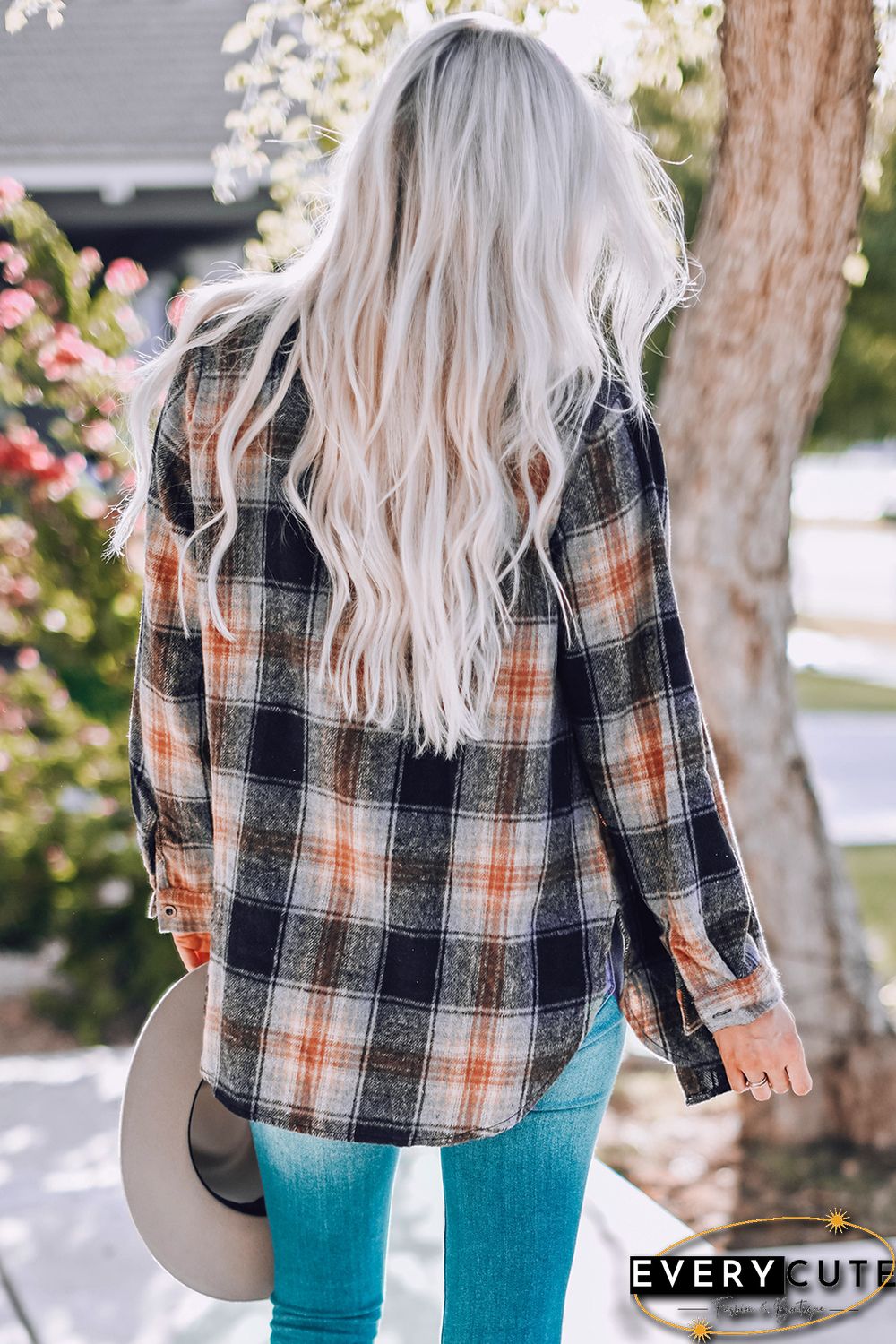 Oversize Rounded Hem Plaid Shirt with Slits