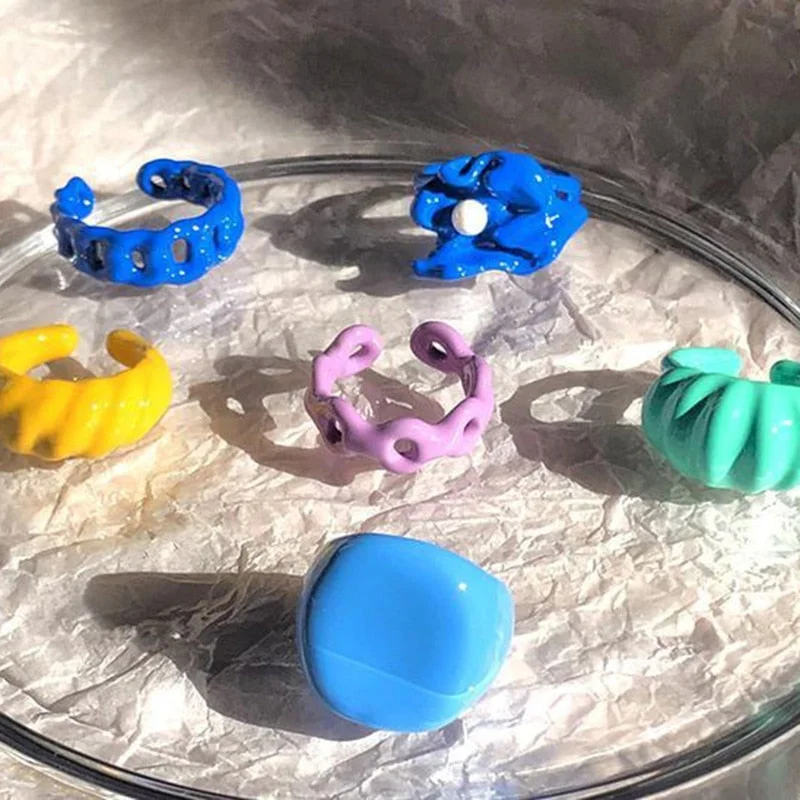 Dvacaman 2021 New Trendy Colorful Dripping Oil Resin Rhinestone Geometric Rings Hand-Painted Open Rings for Women Party Jewelry